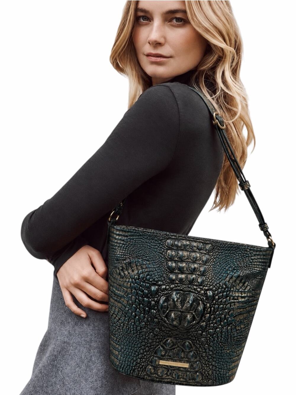 Brahmin Quinn Agata Melbourne Bucket Bag Metallic Green